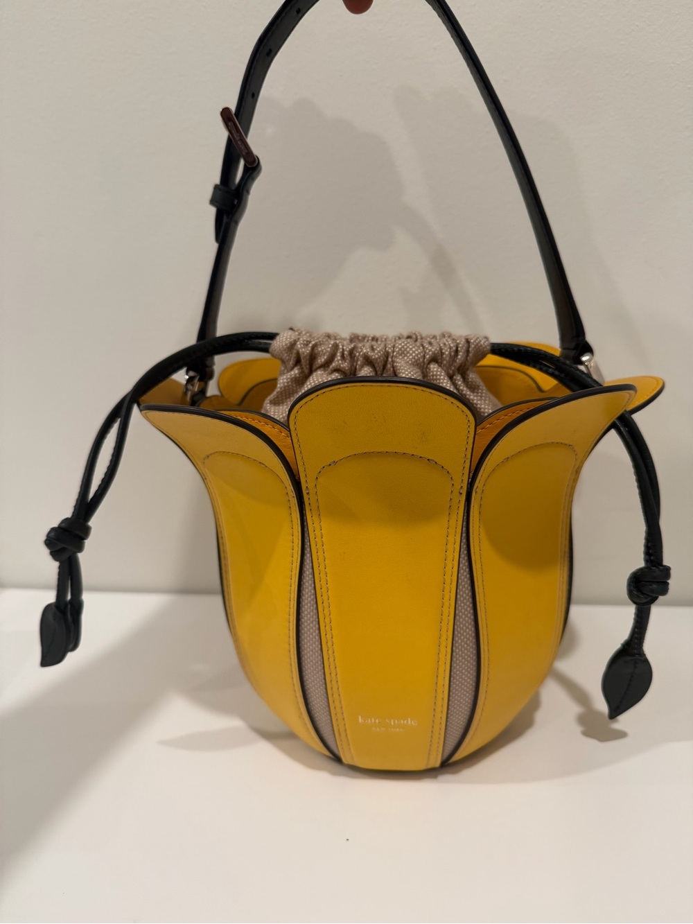 kate spade Yellow Floral Petal Bucket Crossbody Bag with Black Strap